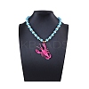 Plastic Pink Lobster Pendant Striped Square Beaded Necklaces with Alloy End Chains NJEW-D336-02G-2