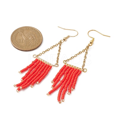 Triangle Tassel Glass Seed Braided Dangle Earrings EJEW-MZ00109-1