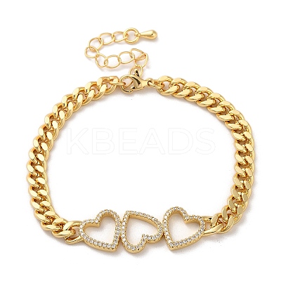 Brass Micro Pave Clear Cubic Zirconia Triple Hollow Heart Cuban Link Chains Bracelets for Women BJEW-M322-05G-A-1
