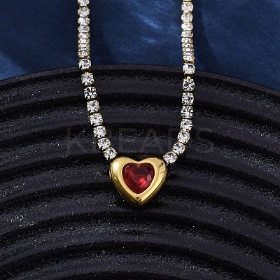 304 Stainless Steel Red & Clear Cubic Zirconia Heart Pendant Necklaces for Women NJEW-Z044-15G-01-1