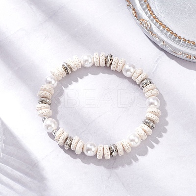 Flat Round Natural Lava Rock & Shell Pearl Beaded Stretch Bracelets for Women BJEW-JB12140-02-1