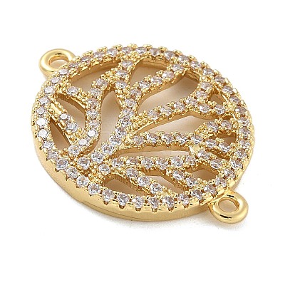 Rack Plating Brass Micro Pave Clear Cubic Zirconia Flat Round with Tree Connector Charms KK-A234-034G-1