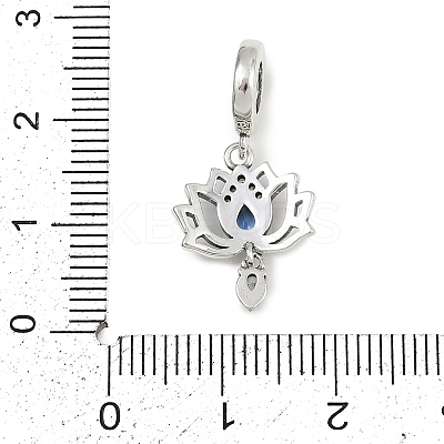 925 Sterling Silver Pave Marine Blue Cubic Zirconia Lotus Flower European Dangle Charms KK-P324-12P-1