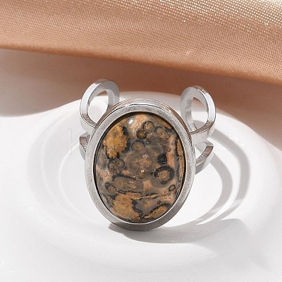 Oval Natural Leopard Skin Jasper Finger Rings RJEW-M062-02P-16-1