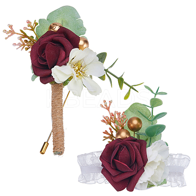 2Pcs 2 Style Cloth & Plastic Imitation Rose Boutonniere & Wrist Corsages AJEW-CP0005-93-1