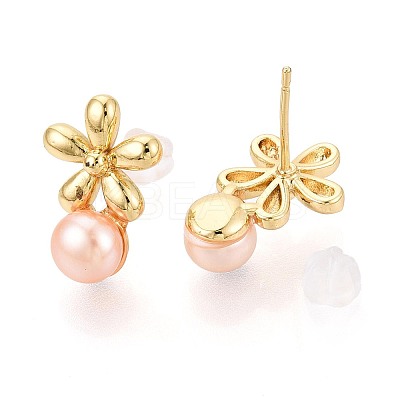 Flower Brass Natural Pearl Stud Earrings PEAR-N017-07E-1