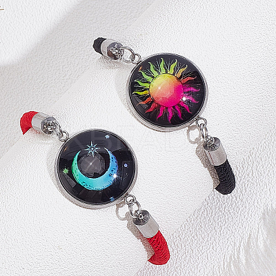 1 Set 2Pcs Valentine's Day Luminous 304 Stainless Steel Glass Flat Round Link Bracelet Sets BJEW-LP0001-35A-1