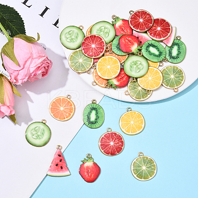 32Pcs 8 Styles Light Gold Alloy Enamel Pendants ENAM-YW0005-48-1