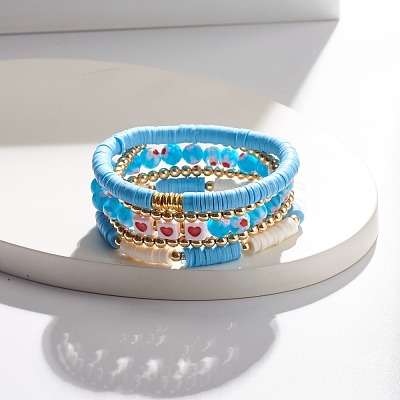 5Pcs 5 Style Polymer Clay Heishi Beaded Stretch Bracelets Set BJEW-JB07532-02-1