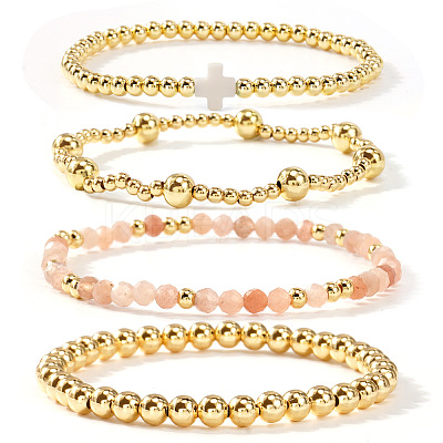 5Pcs 5 Styles Handmade Brass & Natural Sunstone & Glass Beads Stretch Bracelet Set OI0028-2-1