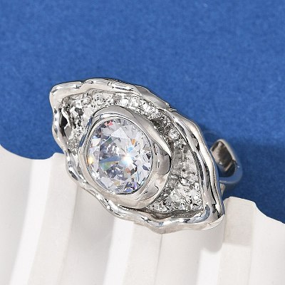 Brass Pave Cubic Zirconia Adjustable Open Cuff Rings for Women RJEW-R032-01P-1