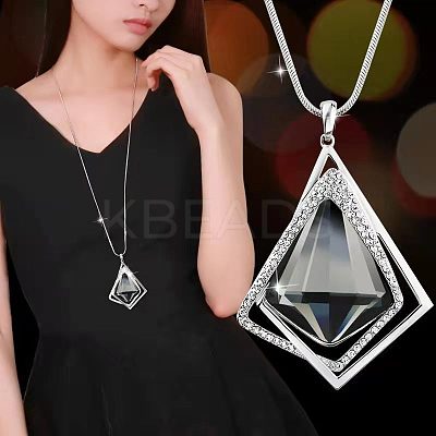Alloy Crystal Rhinestone and Light Steel Blue Glass Pendant Long Necklaces FS-WG47C14-08-1