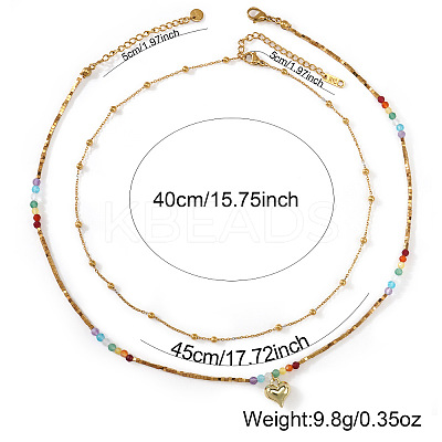 Rainbow Natural Mixed Stoned Beaded Double Layer Necklaces with Stainless Steel Heart Pendant for Beach Vacation KB9378-1-1