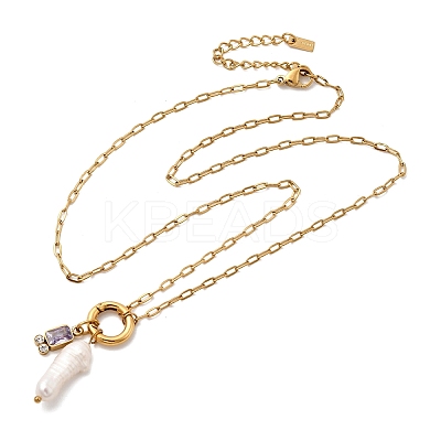 Natural Keshi Pearl Stick & Rectangle Purple Glass Pendant 304 Stainless Steel Paperclip hain Necklaces for Women NJEW-K255-54G-1