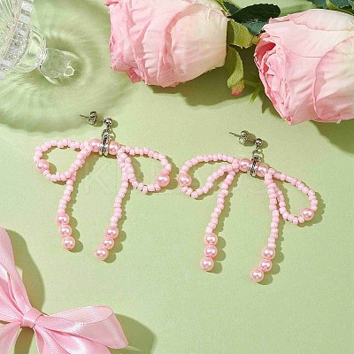 Glass Seed & Imitation Pearl Bowknot Dangle Stud Earrings EJEW-MZ00124-1
