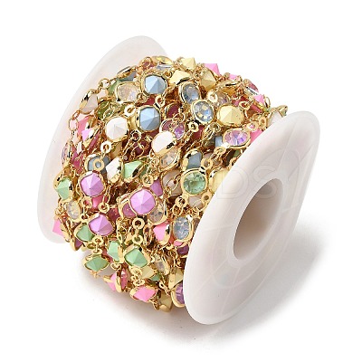 Colorful Handmade Flat Round Brass with Glass Link Chains CHC-K017-03G-1
