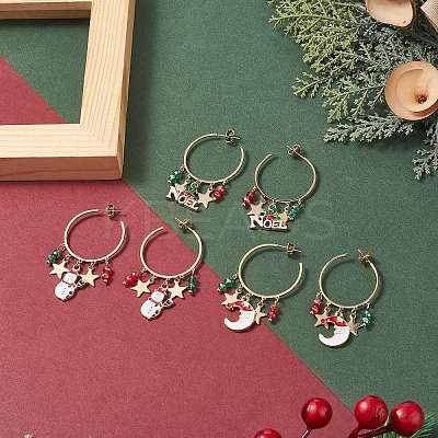 3 Pairs 3 Style Christmas Snowman & Moon & Word Noel Alloy Enamel Dangle Stud Earrings EJEW-TA00221-1