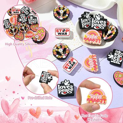 20Pcs 5 Styles Stop War Love Peace Themen Silicone Focal Beads SIL-CJ0002-11-1