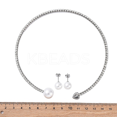Round Plastic Imitation Pearl Stud Earrings & Heart Cubic Zirconia Rhinestone Cuff Choker Necklaces Sets SJEW-U003-08P-1