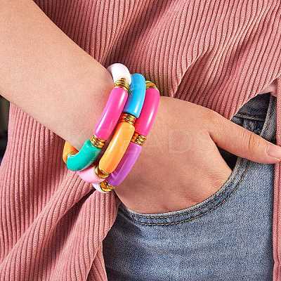 Candy Color Chunky Curved Tube Acrylic Beads Stretch Bracelets Set for Women BJEW-SW00015-1