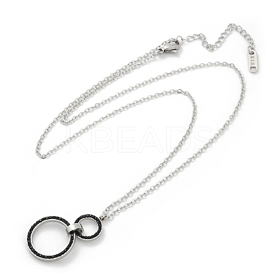 304 Stainless Steel Jet Rhinestone Double Rings Pendant Necklaces NJEW-V001-04P-1