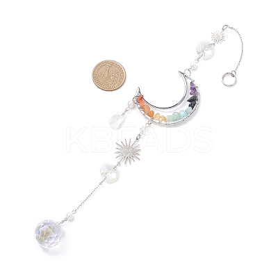 Brass Moon & Chakra Natural Mixed Gemstone Chips Hanging Suncatchers HJEW-JM04488-1