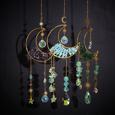 1Pc Alloy & Natural Gemstone Chips Moon Hanging Ornaments HJEW-BBC0001-17A-1