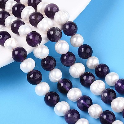 Natural Amethyst Round & Natural Cultured Freshwater Pearl Grooved Potato Beads Strands PEAR-N019-11-1