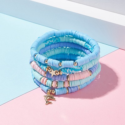 5Pcs 5 Style Polymer Clay Heishi Beaded Stretch Bracelets Set with Star and Dolphin Drop BJEW-JB07539-1