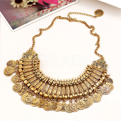Tibetan Style Alloy Turkish Coin Tassel Chunky Bib Necklaces for Women FS-WG4760A-02-1