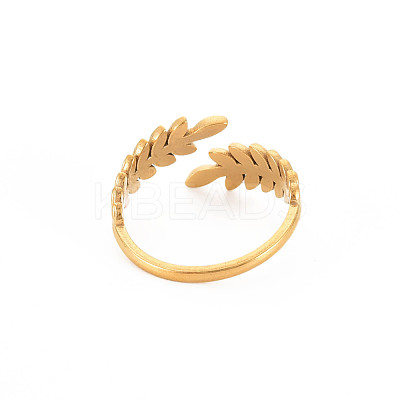 Ion Plating(IP) 304 Stainless Steel Leaf Open Cuff Ring for Women RJEW-S405-190G-1