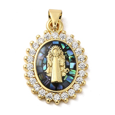 Rack Plating Brass Micro Pave Cubic Zirconia with Shell Pendants KK-P241-44G-02-1