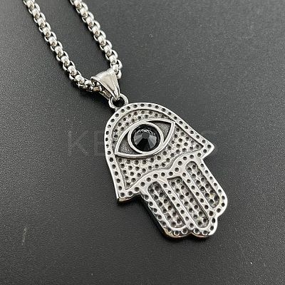 Retro Punk Style 304 Stainless Steel Jet Rhinestone Hamsa Hand Pendant Necklaces for Hip-hop Fashion Men JT3718-1