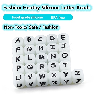 20Pcs Luminous Cube Letter Silicone Beads 12x12x12mm Square Dice Alphabet Beads with 2mm Hole Spacer Loose Letter Beads for Bracelet Necklace Jewelry Making JX437M-1