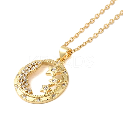 Brass Pave Cubic Zirconia Flat Round with Star Pendant Necklaces for Women LS-NJEW-S429-02G-02-1