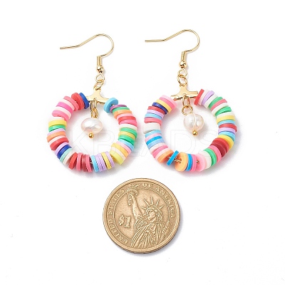 Handmade Polymer Clay Heishi Beaded Ring Dangle Earring EJEW-JE05078-1