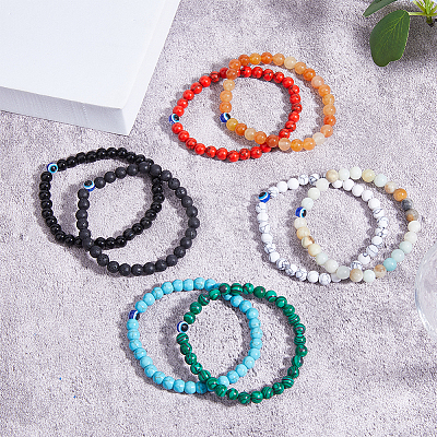 8Pcs 8 Style Natural & Synthetic Mixed Gemstone & Evil Eye Round Beaded Stretch Bracelets Set BJEW-FI0001-48-1