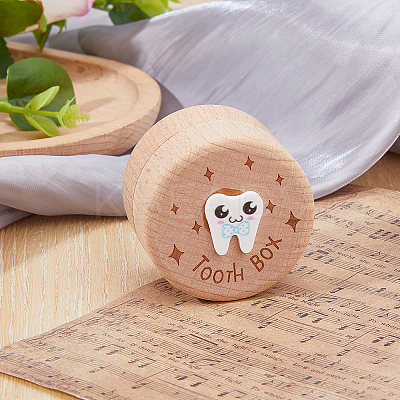 Round Printed Wood Baby Tooth Keepsake Cases with Lids CON-WH0099-75B-1