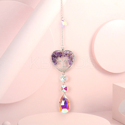 Wire Wrapped Natural Amethyst Heart with Tree of Life Pendant Decorations HJEW-K046-02P-05-1