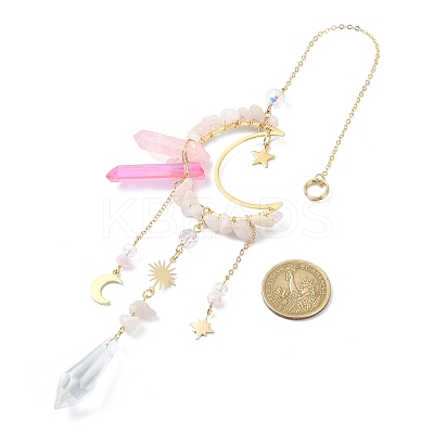 Natural Rose Quartz Chips & Brass Moon Pendant Decorations HJEW-TA00066-01-1