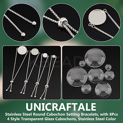 8Pcs 4 Style 304 Stainless Steel Round Cabochon Setting Bracelets DIY-UN0056-07-1