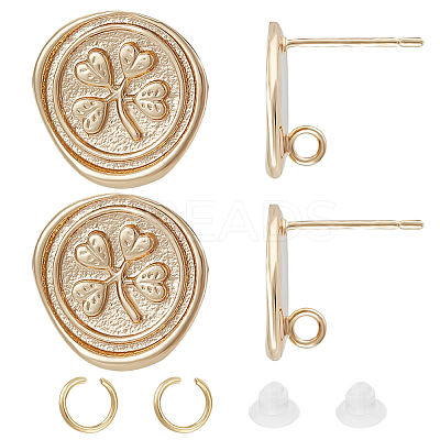 10Pcs Flat Round with Clover Brass Stud Earring Findings DIY-BBC0001-36-1