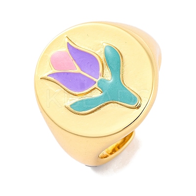 Round with Tulip Brass Enamel Open Cuff Rings RJEW-U009-05C-G-1