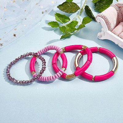 4Pcs 4 Style Acrylic Chunky Curved Tube Stretch Bracelet Sets BJEW-SW00074-01-1