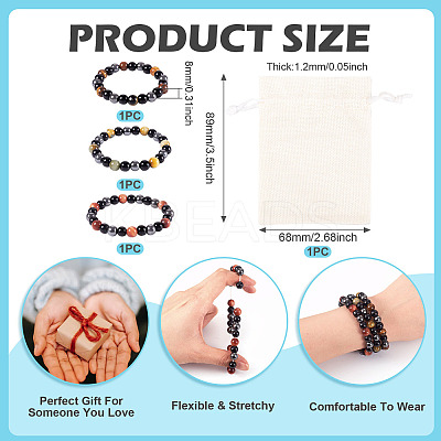 3Pcs 3 Styles 8MM Round Natural Tiger Eye & Black Onyx & Black Obsidian & Synthetic Non-Magnetic Hematite Beads Stretch Bracelets for Women Men BJEW-TA0001-20-1
