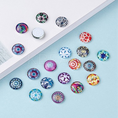 Printed Glass Flat Round Cabochons GGLA-N004-12mm-G-WH-1