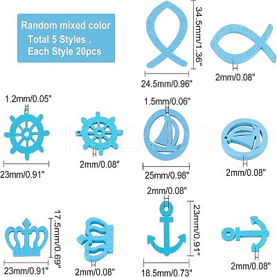 100Pcs 5 Styles Ocean Theme Dyed Wood Pendants WOOD-NB0001-96-1