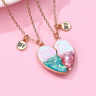2Pcs Fashionable Alloy Resin BFF Glitter Heart Magnetic Pendant Necklaces for Women FS-WGCB8A0-01-1