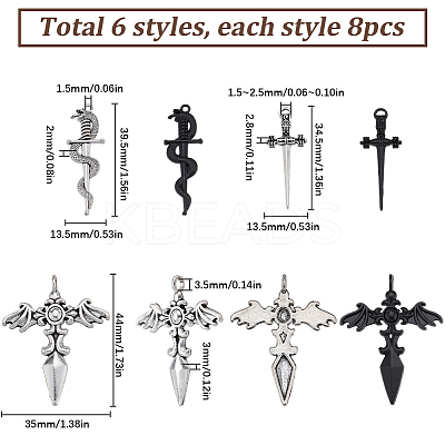 48Pcs 8 Style Tibetan Style & Gothic Style Alloy Pendants FIND-SC0007-27-1
