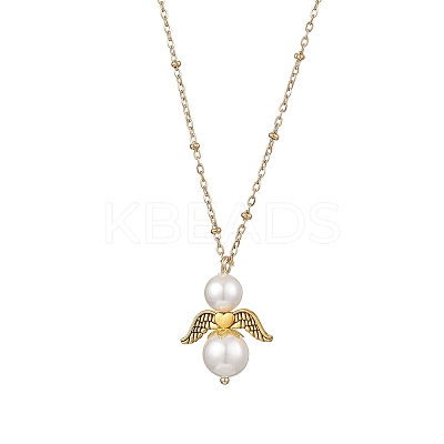 Shell Pearl with Alloy Wings Angel Pendant 304 Stainless Steel Satellite Chain Necklaces NJEW-JN05427-1